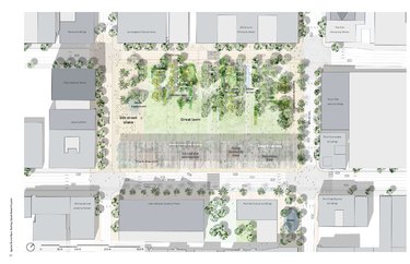 The rendering of the proposed plan features uninterrupted pedestrian access and a block-long "smart canopy" that will extend the full length of the park.