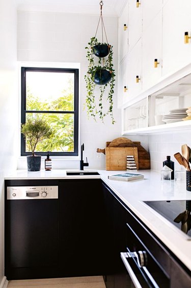 Black and white kitchen with white counters