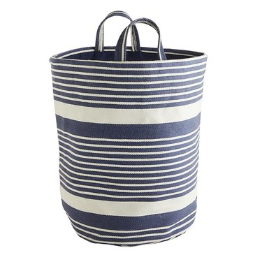 Blue and white striped laundry tote