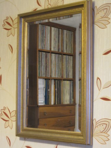 Mirror reflecting a record collection.