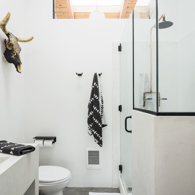 walk-in shower shower, built-in sink, toilet and bull skull decoration on the wall