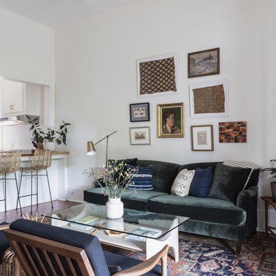 living room idea with velvet sofa and lounge chairs