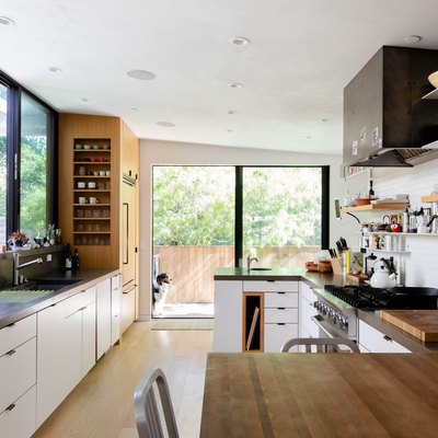 kitchen with picture windows, open shelving, wood countertops and a dog