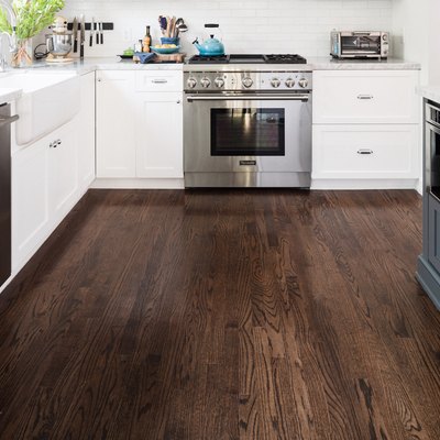 hardwood floor in kitchen, base cabinets, appliances