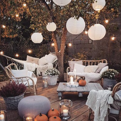 boho garden with paper lanterns