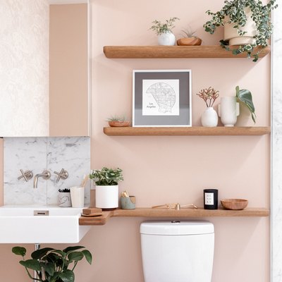 small bathroom with mounted white ceramic sink, gold faucets, wall-mounted open shelving, white toilet, rectangular mirror, pink walls
