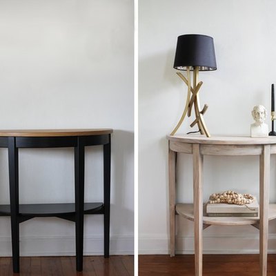 Bleached wood look to the IKEA Arkelstorp console table.