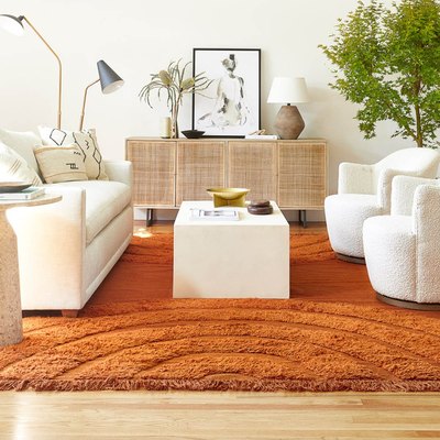 textured orange rug in white living room