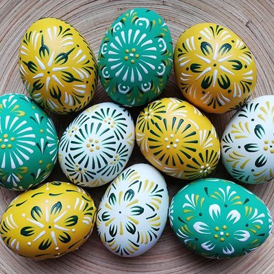 eggs decorated in various colors and patterns