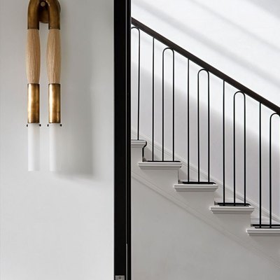 art deco staircase with curved details in railing