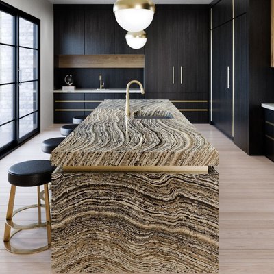 contemporary kitchen with extra thick quartz surface countertops