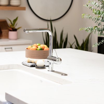 low-arc faucet on a kitchen island