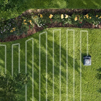 aerial view of Terra robot mowing lawn