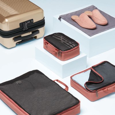 suitcase, shoes, packing cubes