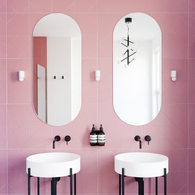 pink and bright blue bathroom