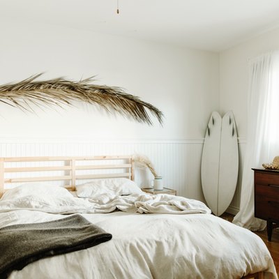 White bedroom with earthy elements