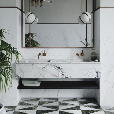 art deco tile on bathroom floor with floating marble vanity