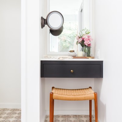 petite midcentury bathroom makeup vanity with black drawer