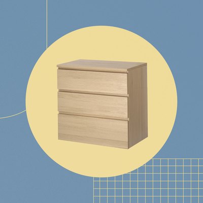 graphic with blue background yellow circle and wood dresser in the circle