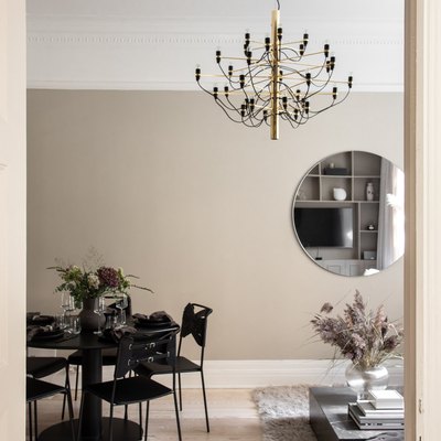 beige color with white in open plan living space with black table