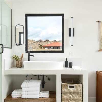bathroom vanity and sink, and storage options
