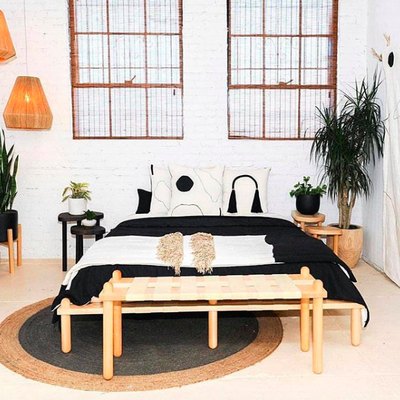 Black, white, and wood minimal bedroom