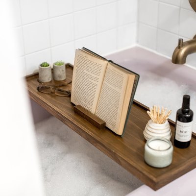 Make your own modern wood bath tray to prop up a book and candle.