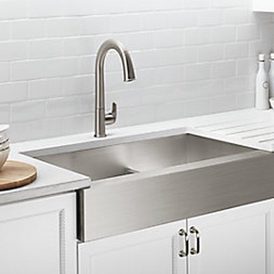 Stainless steel farmhouse sink.