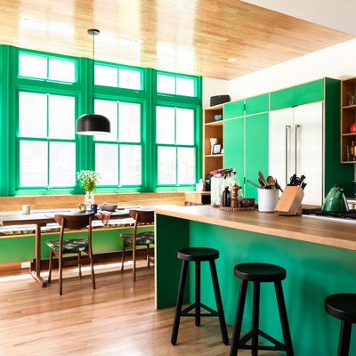 Green Room Ideas with Kelly green cabinets and trim in open kitchen