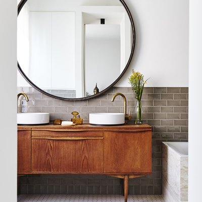 bathroom cabinet idea with vintage wood cabinet and vessel sinks