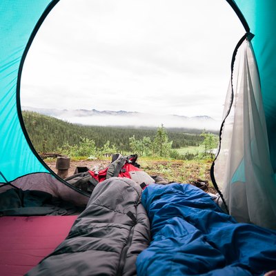 natural view from inside a blue tent