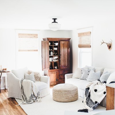 farmhouse living room lighting idea with white glass semi-flush mount