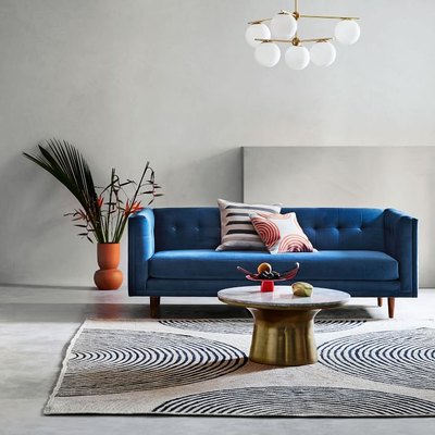 cream and black rug with blue couch
