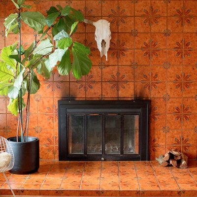 Orange tiled fireplace with large fiddle leaf fig tree