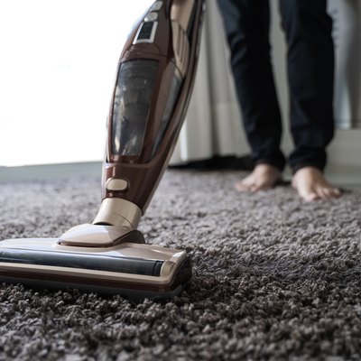 Low Section Of Man Cleaning Carpet With Vacuum Cleaner At Home