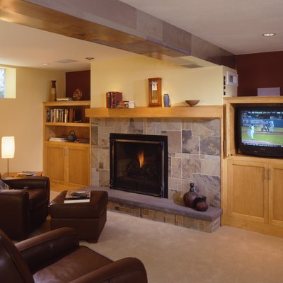 Finished Basement with Stone Fireplace