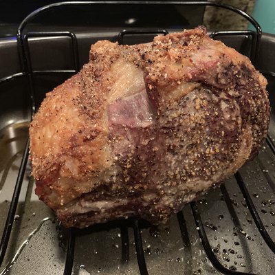 Roasted prime rib roast in the roaster