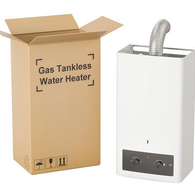 Gas tankless water heater with cardboard box, delivery concept. 3D rendering