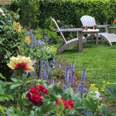 Back yard garden with peonies and two chairs