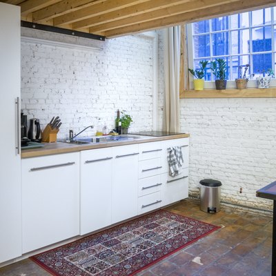 contemporary white kitchen in  loft