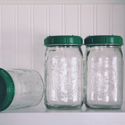 Mason jars with green lids on a shelf