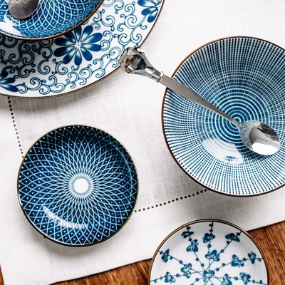 Blue table ware plates and bowls overhead