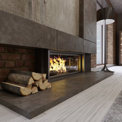 Loft-style designer fireplace, built-in firebox with burning fire and firewood.