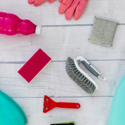 top view collection of cleaning supplies