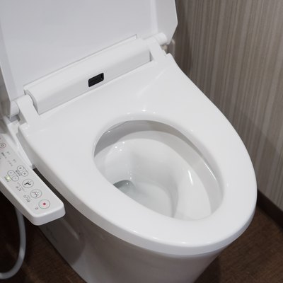 Modern high tech toilet with electronic bidet in Japan. Industry leaders recently agreed on signage standards for Japanese toilet bowls.