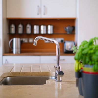 Potted Plant By Sink On Kitchen Counter