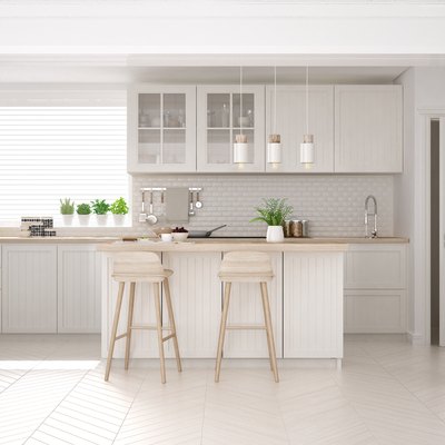 Scandinavian classic kitchen with wooden and white details, minimalistic interior design