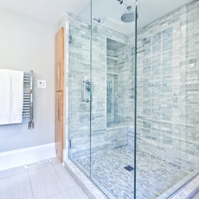 Contemporary Home Bathroom glass Shower Stall with Marble Tiles