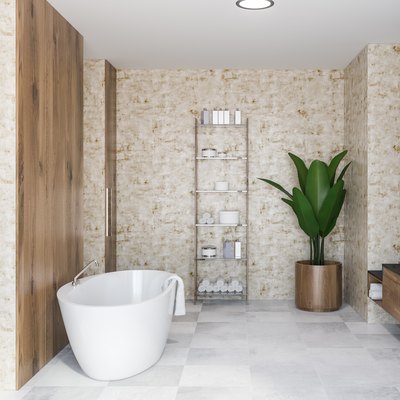 Wooden bathroom interior, black sink and tub