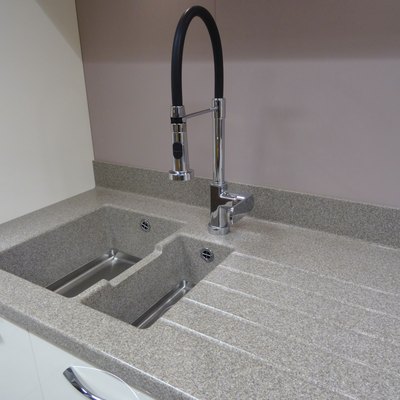 Stainless-steel kitchen sink / single basin, composite-laminate, corian grey worktop counter-top